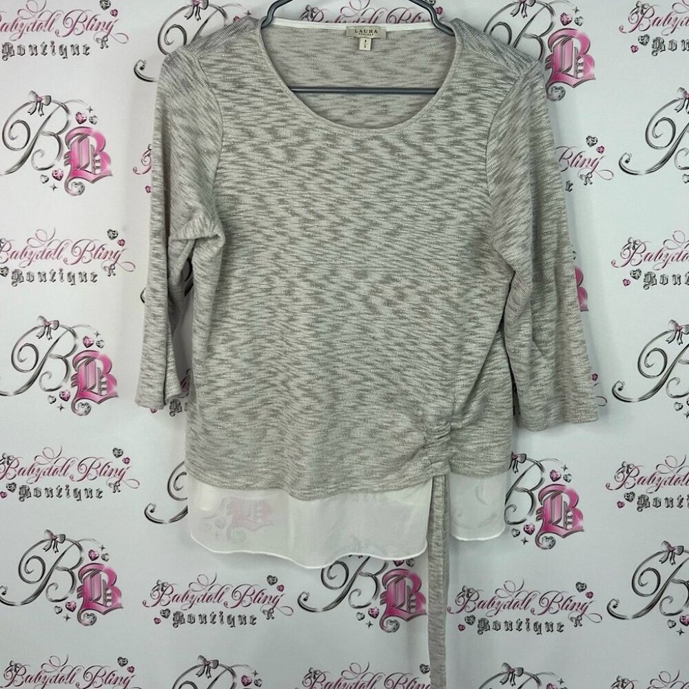 Laura long sleeve cinch tie up Elegant Gray and White Women's Blouse